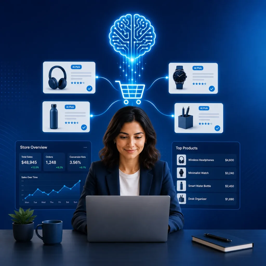 blogpost3 AI shopping for customers illustrated as an AI brain guiding a digital shopping cart