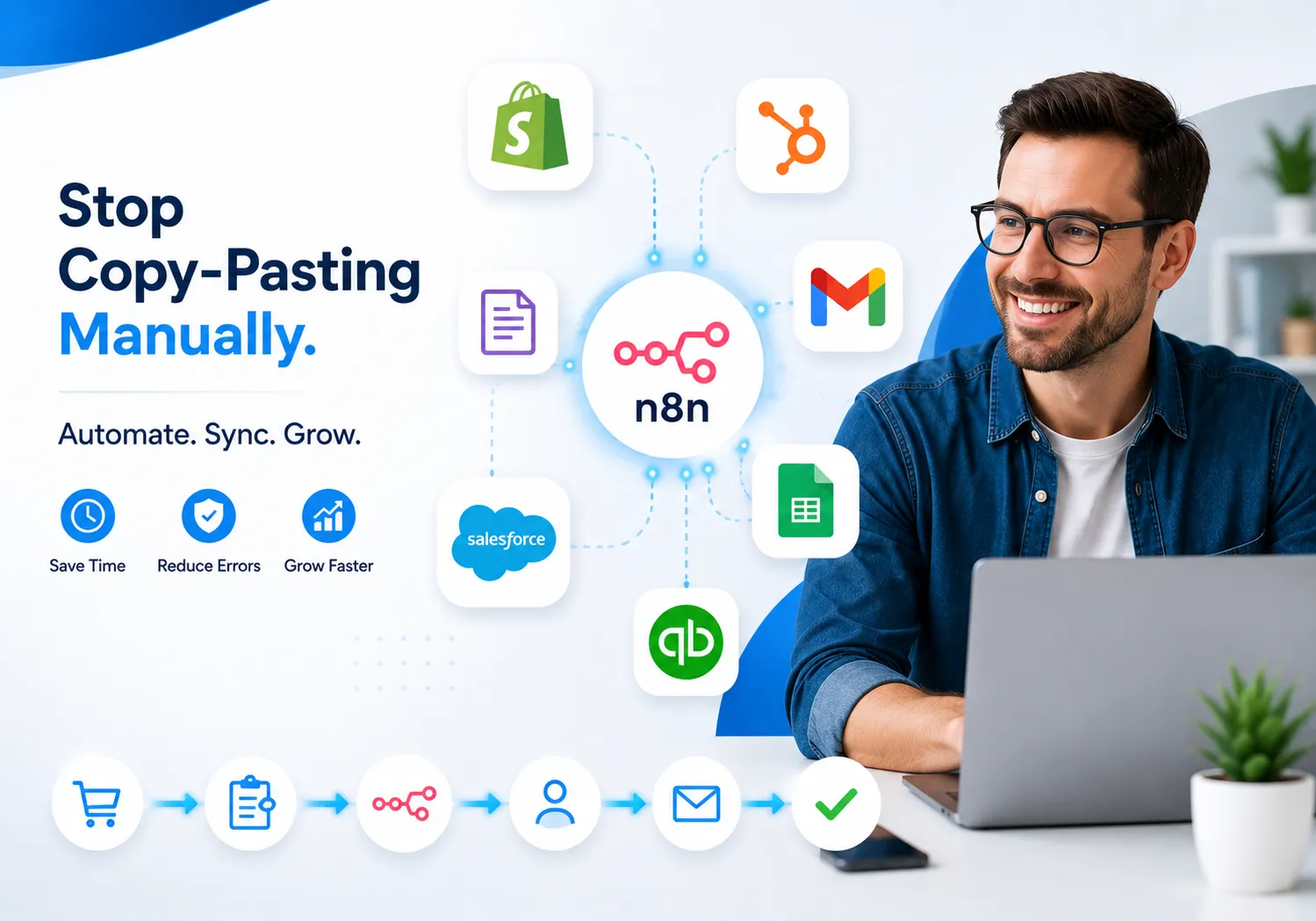 Ecommerce business owner reviewing automated order workflow between Shopify and CRM