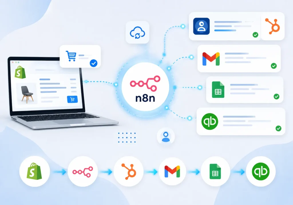 n8n workflow Ecommerce workflow automation connecting Shopify CRM and email marketing systems
